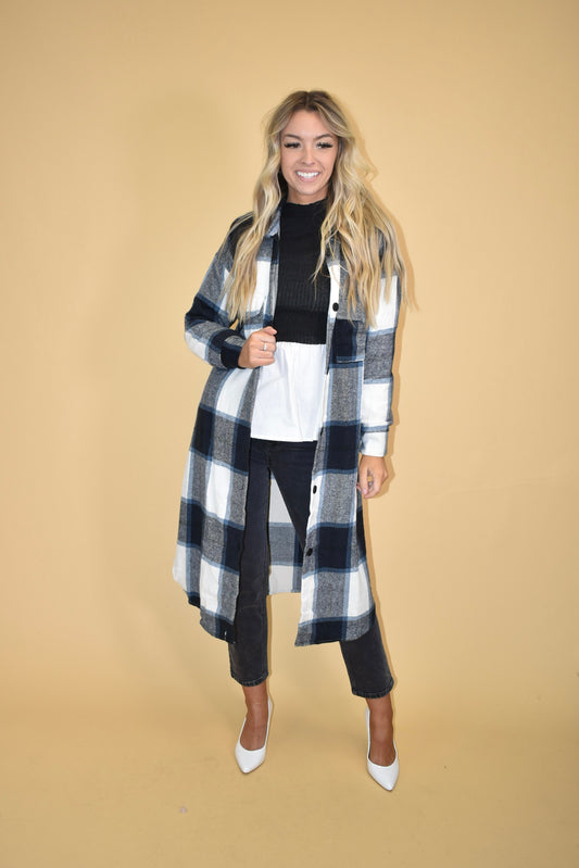 Blue Flannel Coat Round Hemline