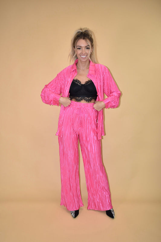 Hot Pink Pleated Wide Leg Pants (part of a matching set)