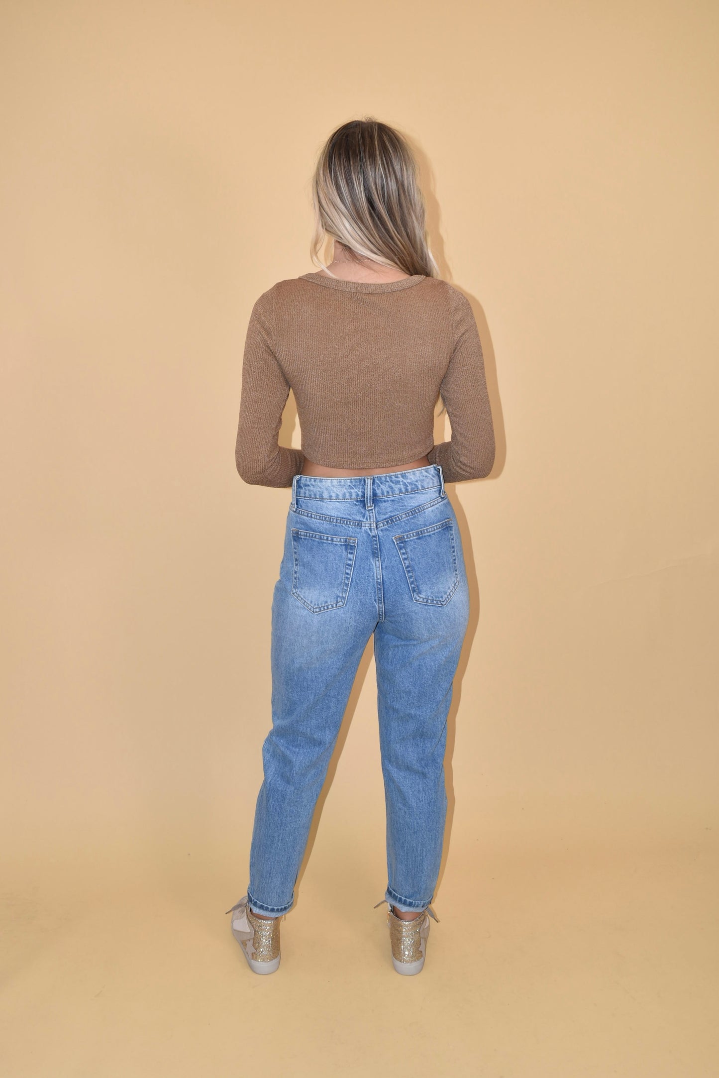 Camel Knit Long Sleeve Crop Top PETITE